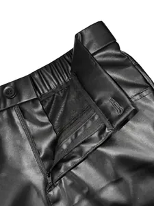 Detailed view of the zipper, button, and elastic waistband on black PU leather shorts for men