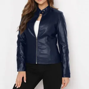 Veste en similicuir bleu marine pour femme avec col montant et fermeture éclair moderne