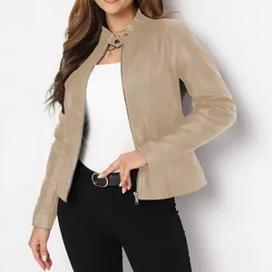 Veste courte élégante en similicuir PU pour femme avec col montant couleur kaki chic