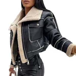 Schwarze Damen PU-Leder Bikerjacke mit warmem Lammfellimitat-Innenfutter.