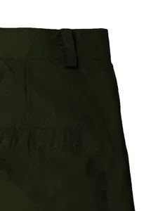 Close-up of olive green cotton camping shorts showing waistband and pocket detail