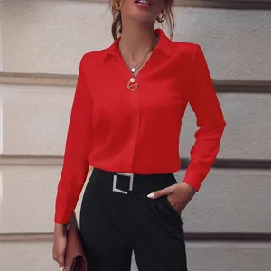 Elegante blusa roja de manga larga para mujer, ideal para la oficina y estilo casual