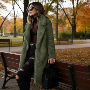 Stylish women's autumn green sherpa teddy long coat with lapel collar in park