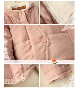 Detailed views of pink padded coat with warm faux-fur lining and button closure