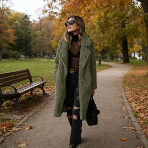 Side view of olive green long teddy coat worn by model in an autumn park setting