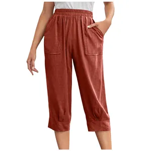 Terracotta cotton linen cropped wide leg pants with elastic waist and large pockets