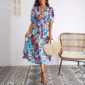 Women Fashion Printed V-Neck Puff Sleeve Dress Geometric Floral A-Line Long Dress For Summer Vacation Daily Wear Elegant Midi Dress
