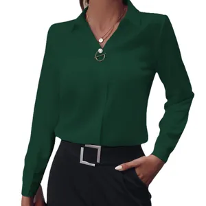 Elegante blusa de manga larga verde oscuro para mujer, estilo minimalista de oficina