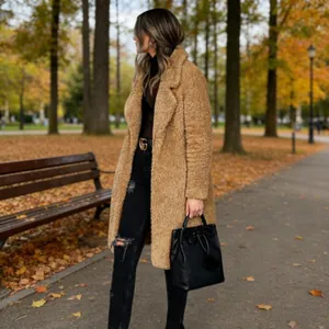 Stylish women's long sleeve lapel teddy coat fuzzy jacket shown in an outdoor autumn setting