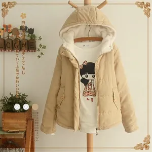Stylish women's khaki hooded cotton jacket with thick warm fleece lining for winter season