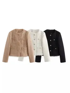 Elegante Tweed-Jacke für Damen mit Metallfaden und Fransenkanten in drei Farben.