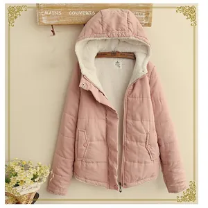 Premium women's pink hooded short puffer jacket featuring warm white fleece lining