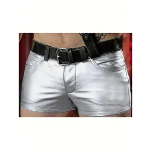Men's sexy metallic silver PU leather shorts with black belt in slim fit stylish look