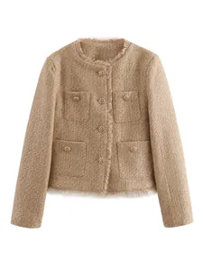 Elegante beige Tweed-Kurzjacke mit Glitzereffekt, Fransenbesatz und Goldknöpfen
