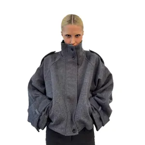 Grey oversized woolen jacket with high collar and epaulettes for women autumn winter