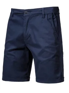 Detailed view of navy blue men's slim fit cotton casual shorts with cuffed hem style