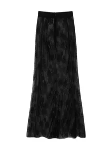 Detailed view of an elegant black floral lace maxi skirt featuring a waist band and zipper