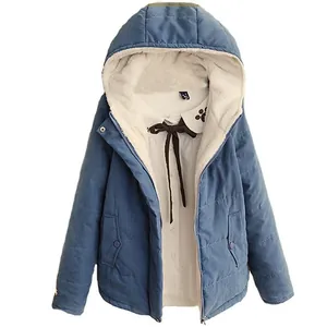 Warm women's winter fleece-lined hooded padded jacket in blue with thick faux fur lining