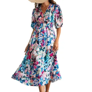 Bohemian style elegant floral print V-neck midi dress for women with short puffed sleeves