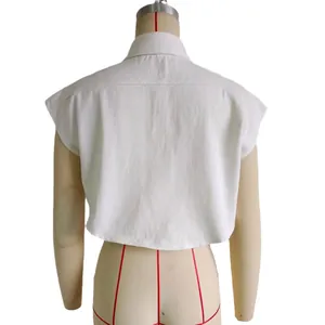 Back view of a white denim cropped vest jacket for women, minimalist casual style.