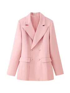 Detailed view of pink double-breasted blazer with lapel and waist-defining cut