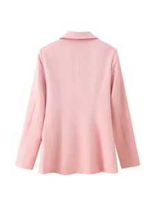 High-quality detailed back view of a sophisticated pink tailored lapel blazer for women