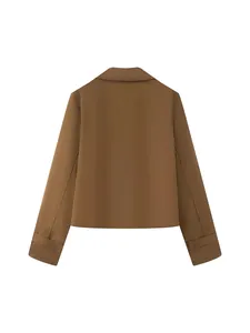 Elegant back view of a classic brown short trench coat for women's autumn fashion wear