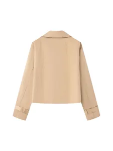 Elegant beige short trench coat for women shown from the back view, stylish autumn outerwear.