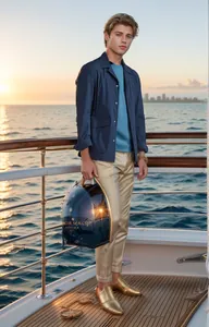 Veste coupe-vent de style marin pour homme, présentée sur un pont de yacht chic