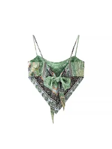Vintage paisley print satin camisole with front tie-bow and pointed hem
