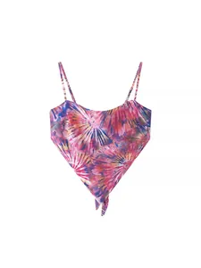 Vibrant tie-dye satin halter top with thin straps and a pointed hemline for summer