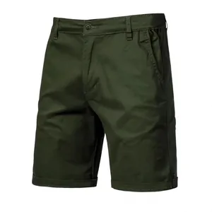 Premium men's olive green cotton casual outdoor shorts with slim fit and straight leg