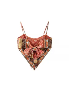 Vintage paisley printed satin bandana top featuring an elegant back tie-up bow detail
