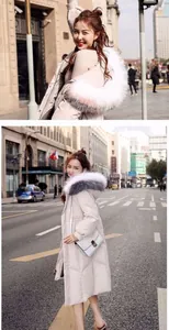 Parka d'hiver mi-long pour femme avec grand col en fausse fourrure rose et gris