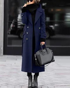 Elegante abrigo largo de lana azul marino para mujer, estilo urbano chic de otoño e invierno.