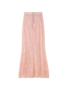 Detailed full-length view of an elegant pink floral lace maxi skirt for summer season