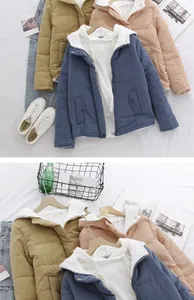 Detail der dicken, mit Fleece gefütterten Winter-Kapuzenjacke für Damen in drei Farben