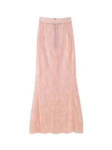 Detail view of elegant pink floral lace maxi skirt with smooth back zipper closure