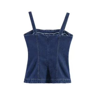Vue arrière du caraco en denim bleu foncé ajusté avec fermeture éclair