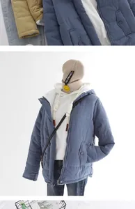 Blaue Steppjacke für Damen mit weißem Lammwollfutter und großer Kapuze für Winter