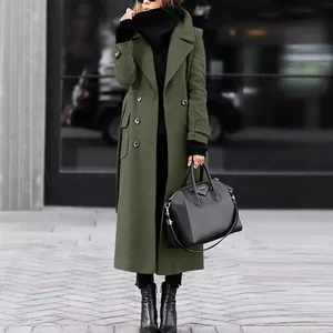 Elegante abrigo de lana de doble botonadura verde militar para mujer otoño invierno