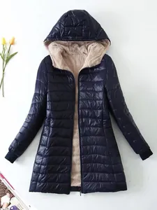 Chaqueta acolchada de media longitud para mujer azul marino con capucha y forro polar cálido