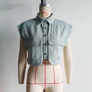 Sleeveless denim-style polo shirt with large pockets shown on a professional tailor mannequin