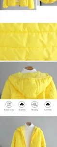 Detailed view of yellow lightweight hooded padded jacket material and construction