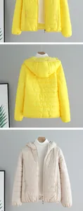 Lightweight quilted hooded jackets in yellow and beige colors displayed on hangers