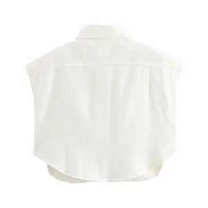 Detailed back view of a minimalist white sleeveless polo shirt featuring a curved hemline.