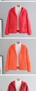 Detailed view of women's lightweight hooded puffer jackets shown in vibrant color options.