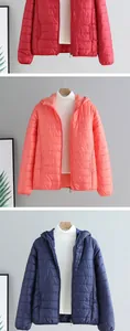 Vertical display of three colorful women's lightweight hooded padded jackets on hangers