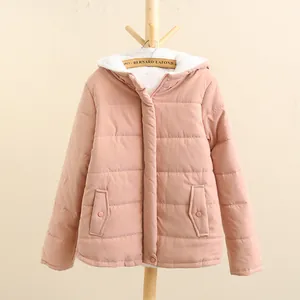 Close-up of pink hooded puffer jacket with soft white fleece lining and front pockets