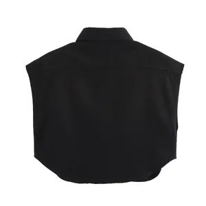 Detailed back view of a minimalist black sleeveless polo shirt with twill texture